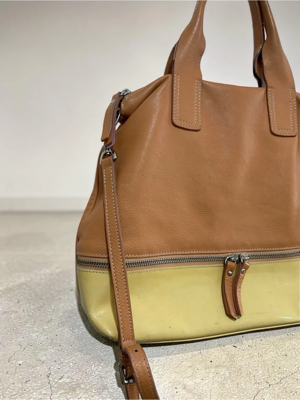 Two-Tone Leather and Patent Leather Satchel Bag in Brown and Yellow